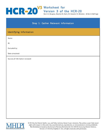 HCR-20 V3 Assessing Risk for Violence (HCR-20 V3) Worksheets (50pk)