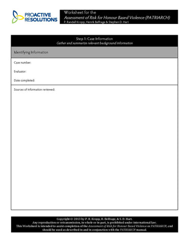 Assessment of Risk for Honour Based Violence (PATRIARCH) Worksheets (50pk)