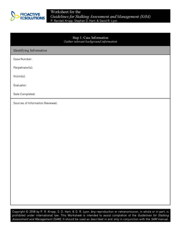 Guidelines for Stalking Assessment and Management (SAM) Worksheets (50pk)