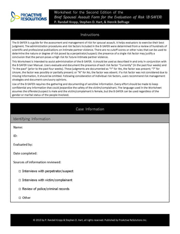 Brief Spousal Assault Form for the Evaluation of Risk (B-SAFER) Worksheets (50pk)