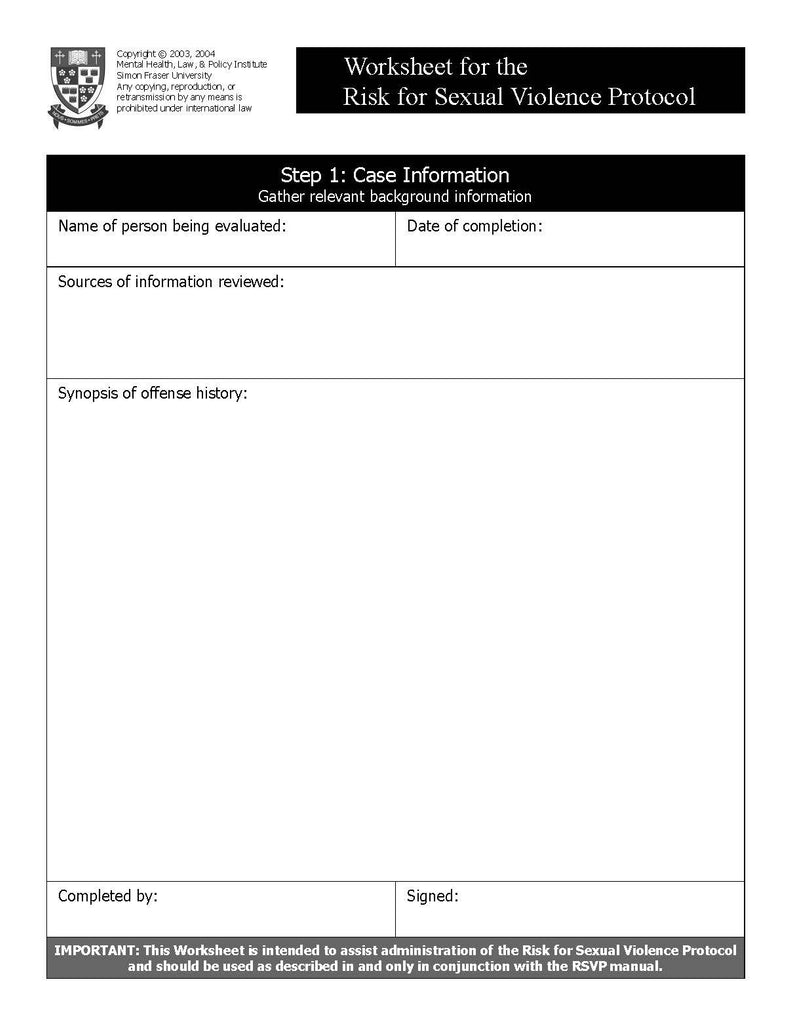 The Risk for Sexual Violence Protocol (RSVP) Worksheets (50pk)