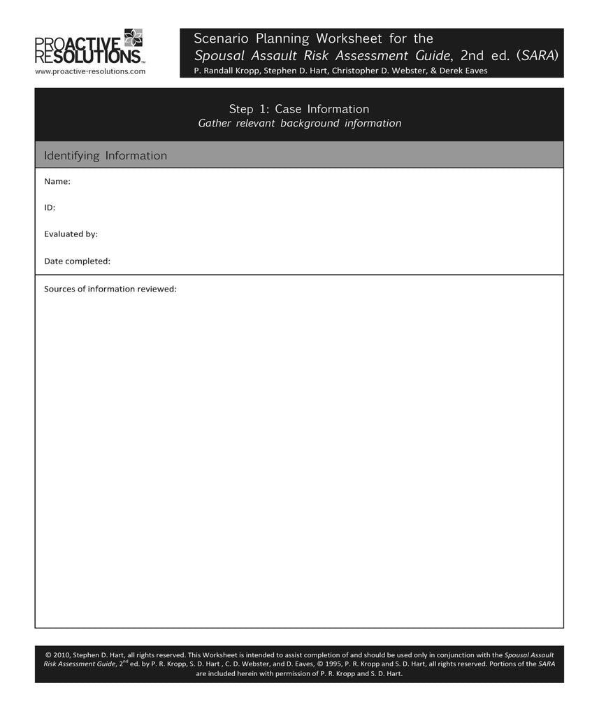 Spousal Assault Risk Assessment Guide (SARA) 2nd Ed. Worksheets (50pk)
